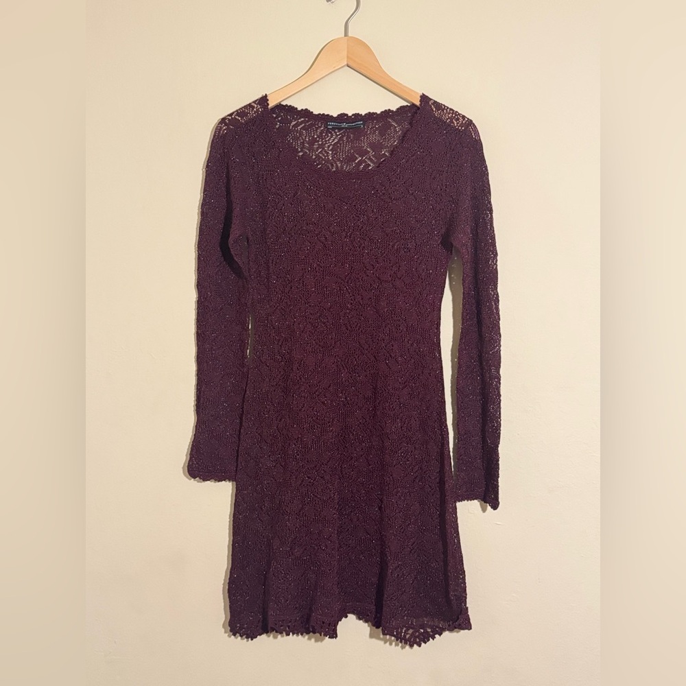 Peruvian Connection Maroon Knit Lace Metallic Long Sleeve Dress size M